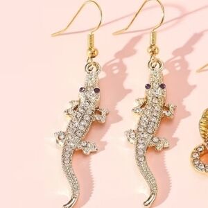 NEW! Gold Plated and Silver Crystal Lizard Dangling Drop Hook Earrings